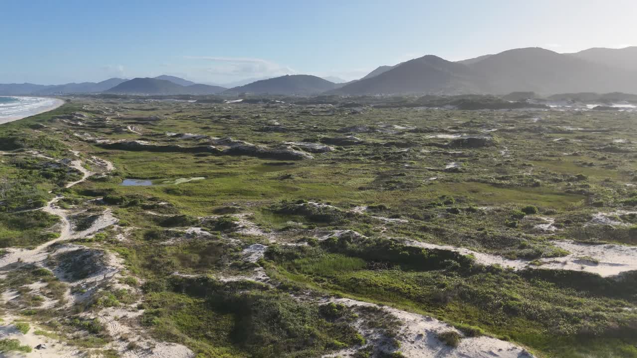 Panoramica aerea fluida dalle dune di sabbia di Praia de Joaquina a Florianópolis, Brasile, verso l'Oceano Atlantico. Giornata di sole con orizzonte limpido e onde in movimento