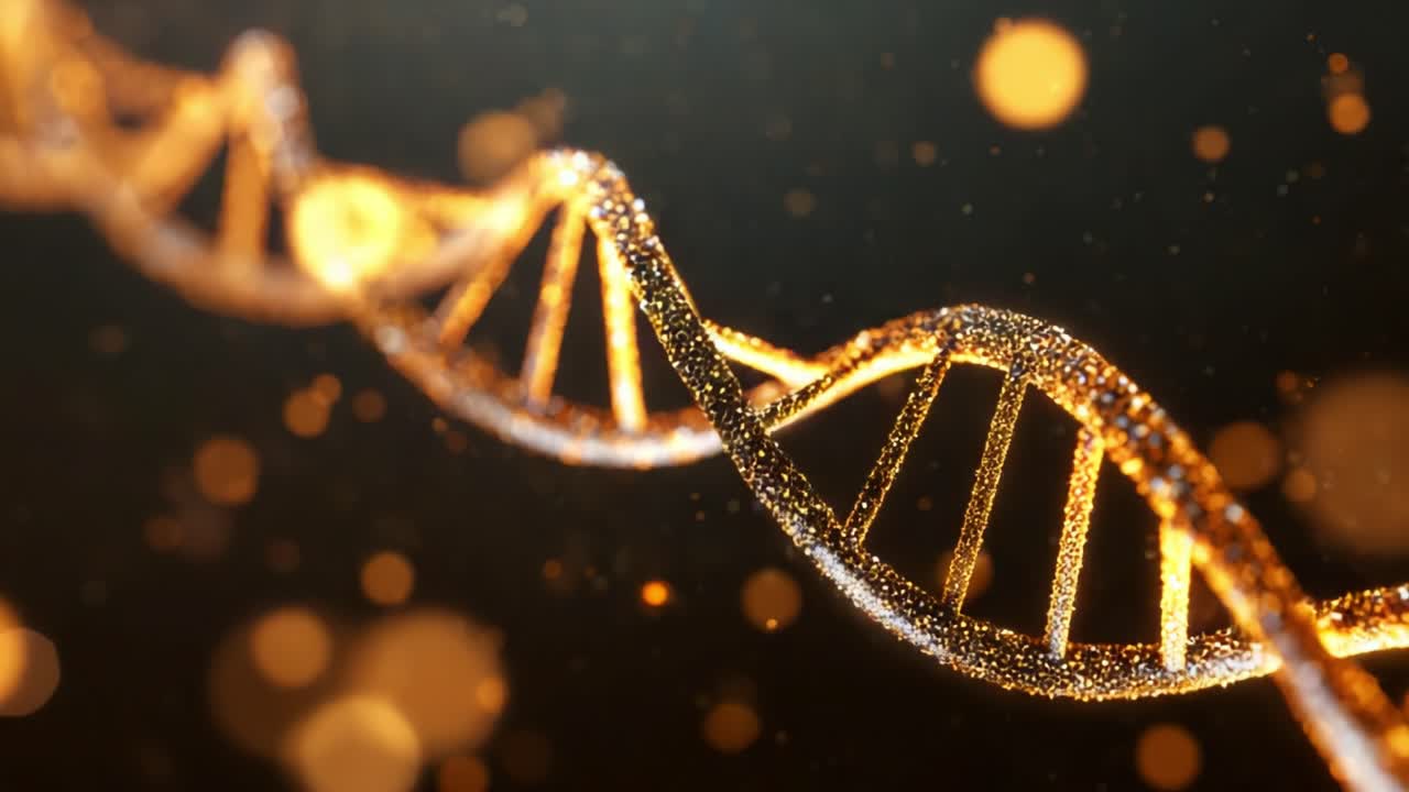 A Stunning Visualization of a DNA Helix with Glittering Particles, Showcasing the Intricate Structure and Beauty of Genetic Material Against a Dark Background