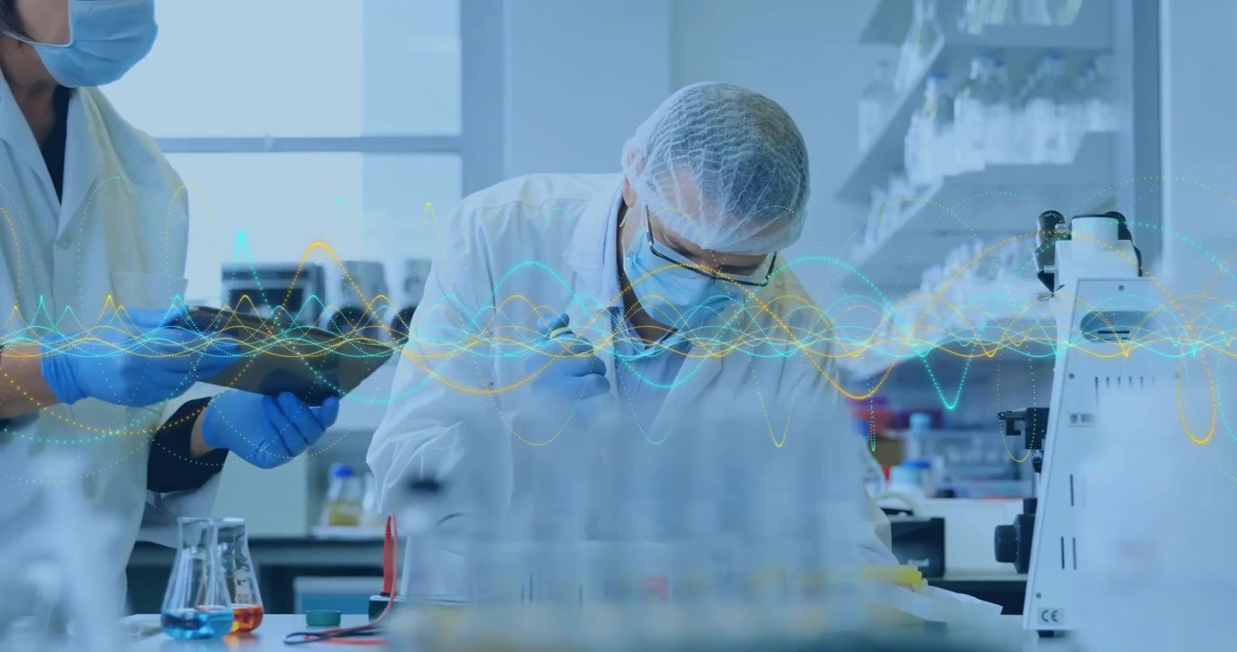 Scientist in laboratory working with equipment, data processing animation over scene