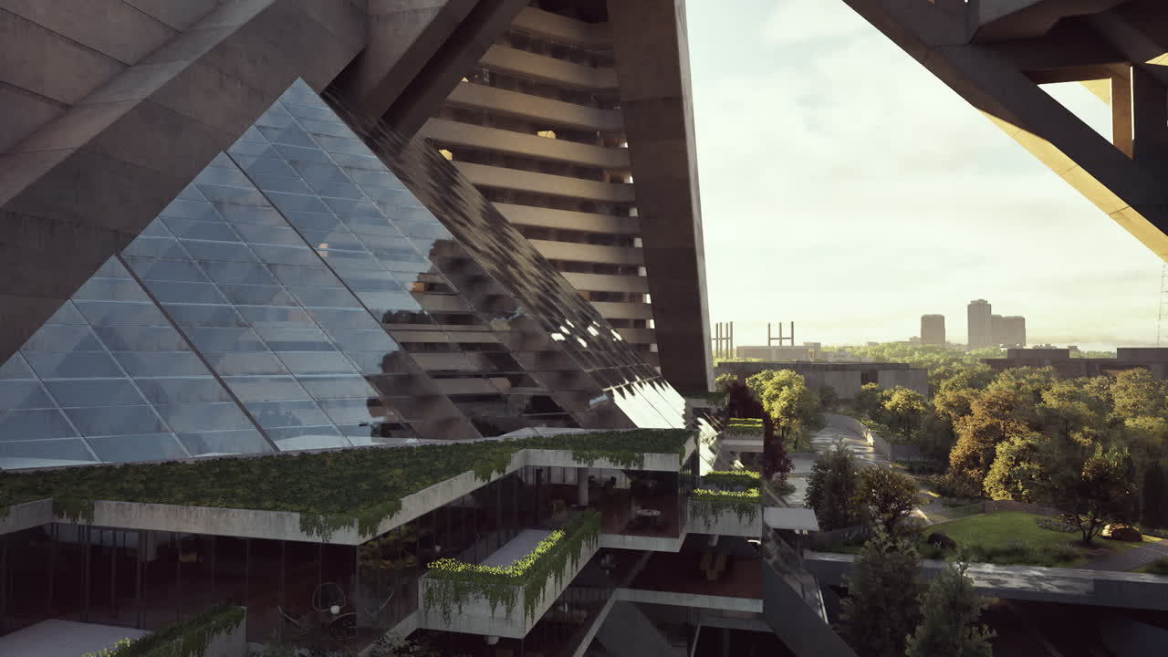 edificio de hormigón futurista con techo verde