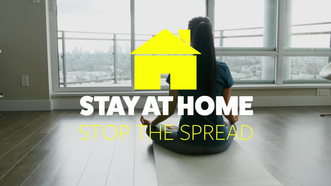 Animation of yellow house with social distancing message over Caucasian woman meditating