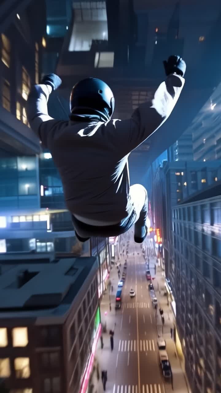 An astronaut gracefully soars through a neon-lit urban landscape, blending the awe of space exploration with the vibrant energy of the city below