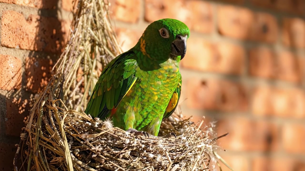 Um papagaio verde colorido aninhando-se pacificamente em um ninho natural feito de galhos e grama, contra um fundo de parede de tijolos atraente.
