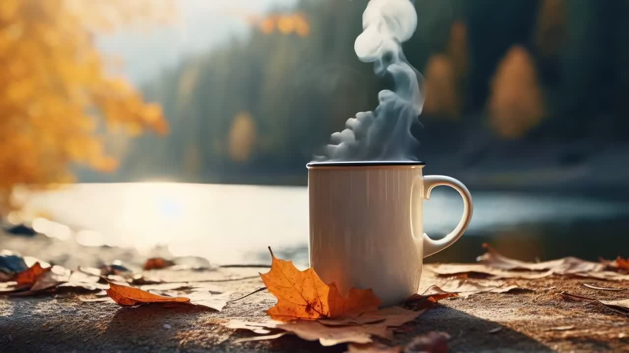 A steaming mug on a rock with autumn leaves, captured at eye level. The video style evokes a cozy