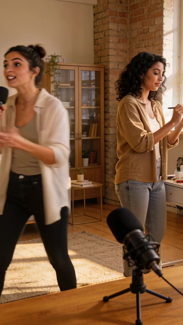 Vertical video: Entering from left, host holding mic singing for stream in studio, desk mic visible