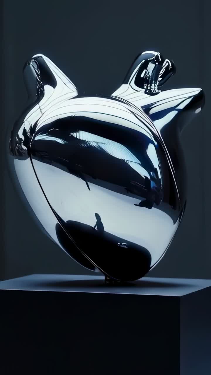 Vertikal video: Kamera, der roterer kromskulptur på sokkel i galleri, der viser ovenlys og figur