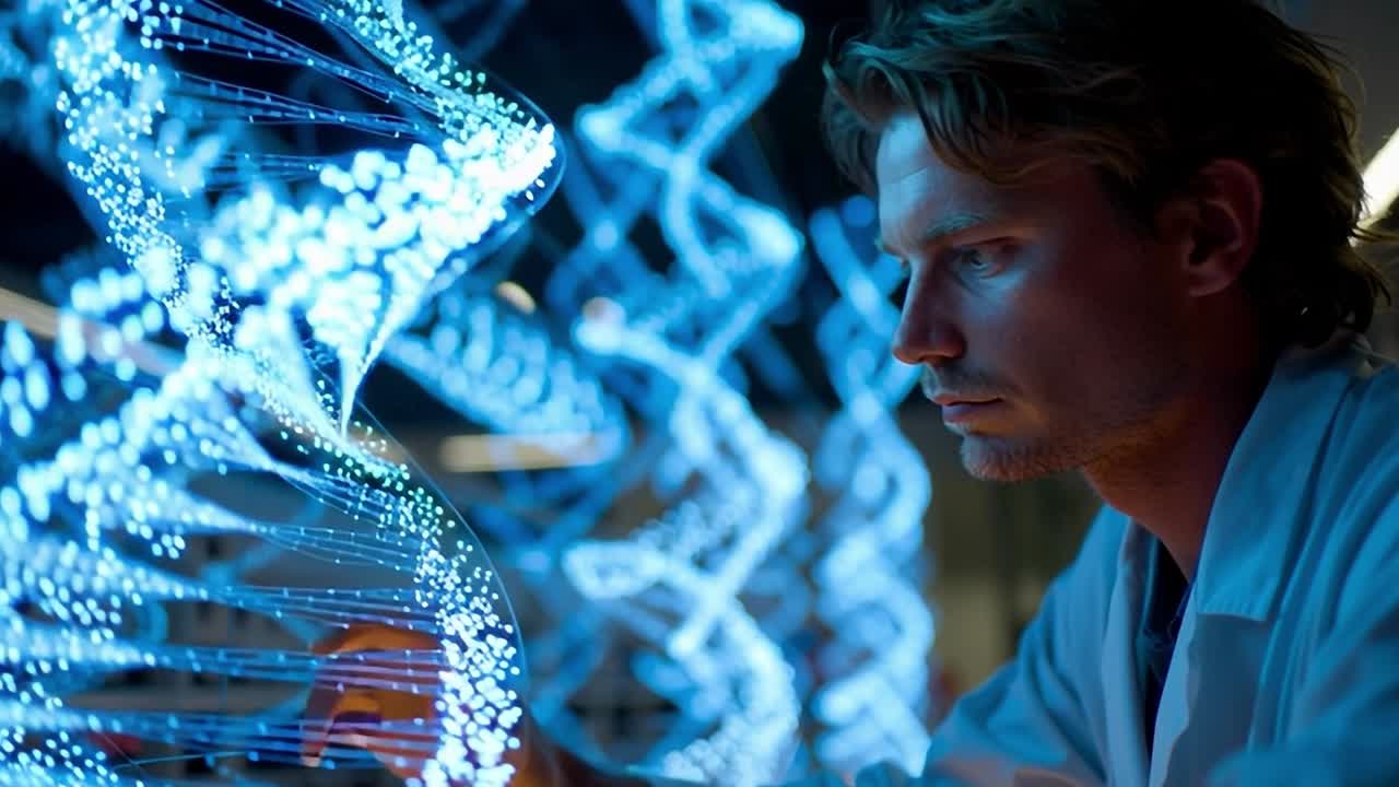 Forsker undersøger glødende DNA-strenge i et moderne laboratorium
