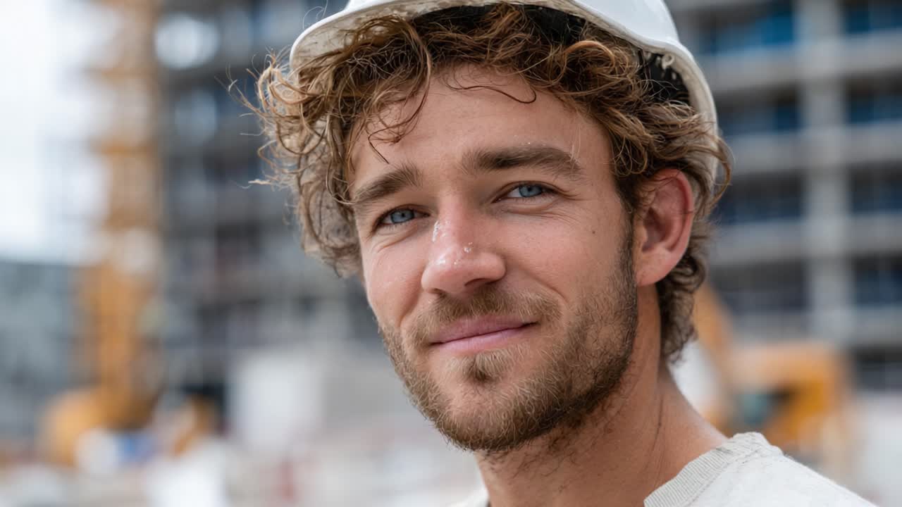 Construction Worker Showcasing Safety and Focus on Site Progression with Hard Hat and Professional Attitude in a Dynamic Environment