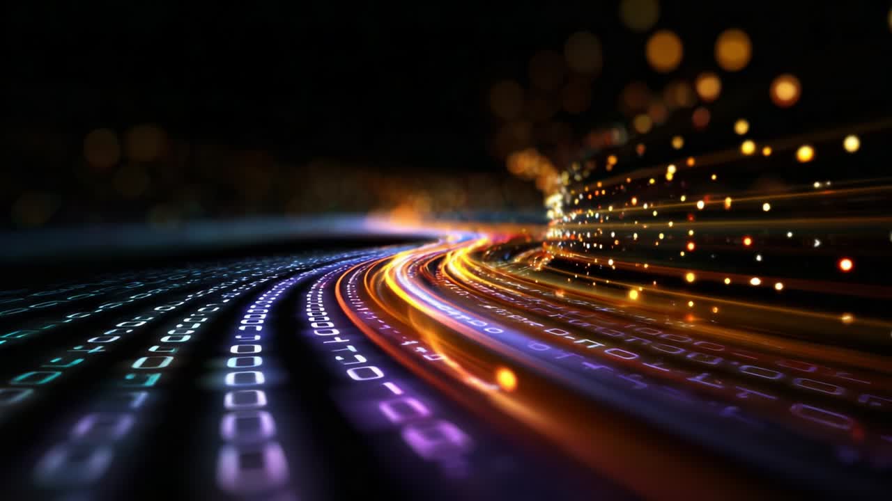 Un'affascinante rappresentazione di vivaci linee digitali e particelle luminose che fluiscono con eleganza su uno sfondo scuro, illustrando l'interazione dinamica tra tecnologia e creatività in una straordinaria rappresentazione visiva.