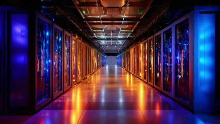 Uno sguardo mozzafiato su un moderno corridoio di data center illuminato da vivaci tonalità di blu e arancione, che mostra file di scintillanti server rack e tecnologia avanzata in un ambiente digitale coinvolgente