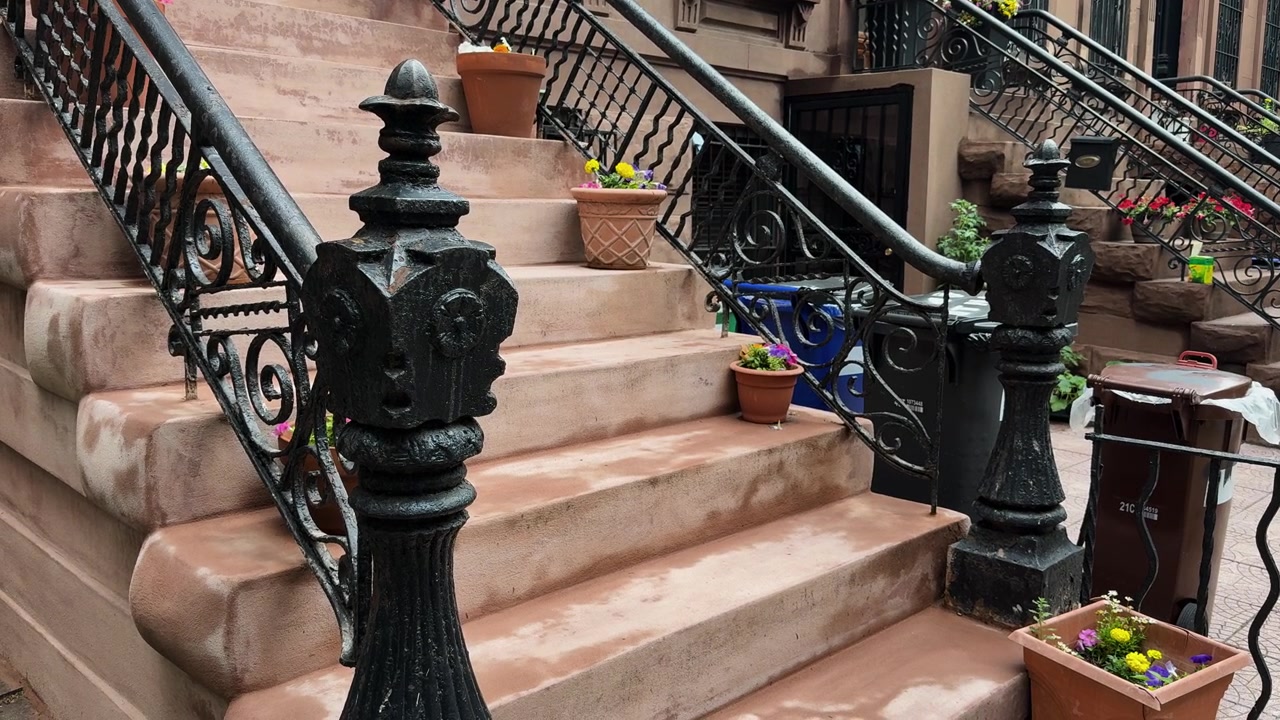 Scalinata in brownstone con ringhiere in ferro e fiori in vaso su una strada residenziale di città