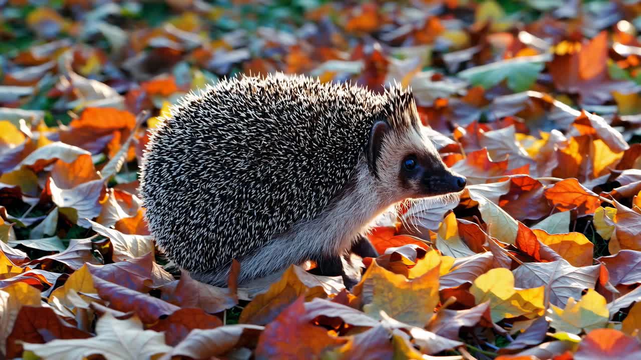 A hedgehog walks through colorful autumn leaves. The side angle captures its texture and vibrant