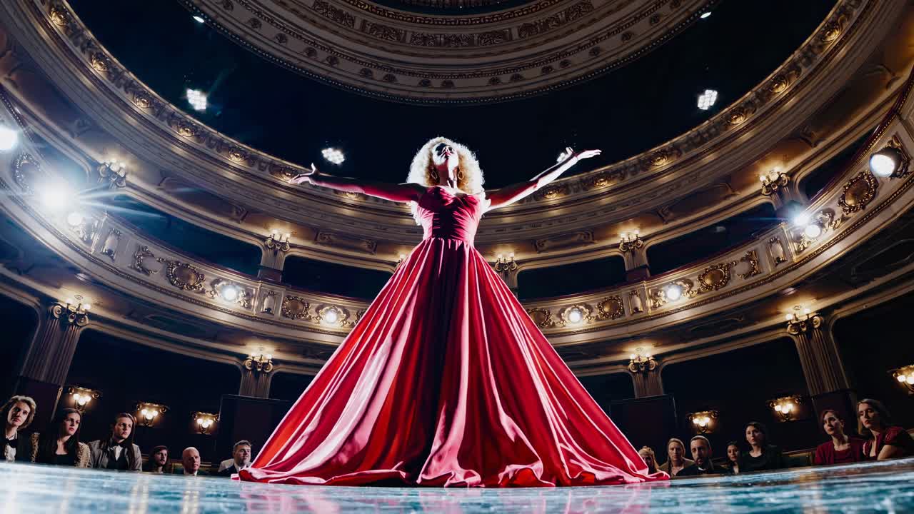 Drammatica inquadratura dal basso di un artista con un abito rosso sul palco, che cattura la grandiosità di un teatro