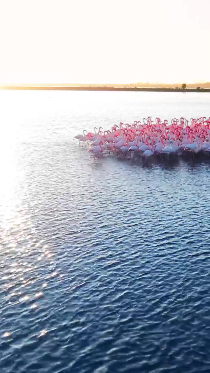 きらめく水面にフラミンゴの群れが浮かぶドローン空撮。鳥たちが岸辺に集まる中、太陽のまぶしい光が湖全体に反射している。縦型動画