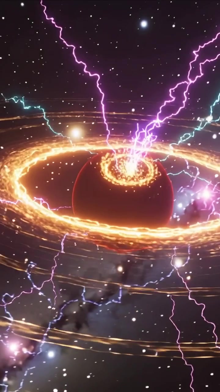 Video verticale: Ricezione di una scarica viola, pianeta oscuro che forma una corona, anelli d'oro che ruotano in un campo stellare