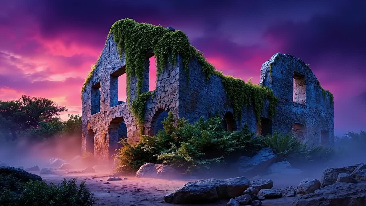 A ruined building with ivy growing on the side of it