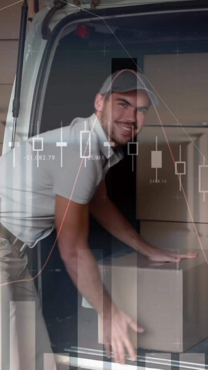 Statistical data processing against caucasian male delivery man stacking boxes in his delivery van