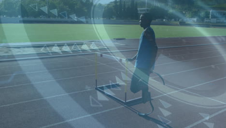 athlete with prosthetic leg on track, training animation over geometric shapes