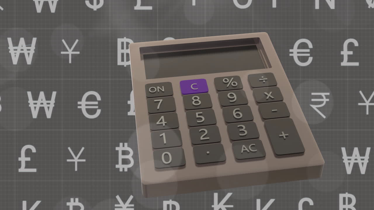 Animation of currency symbols and calculator on grey background