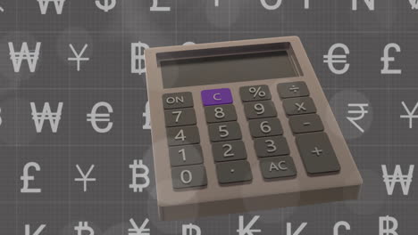 animation of currency symbols and calculator on grey background