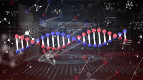 animación del giro de la cadena de adn, moléculas y procesamiento de datos.
