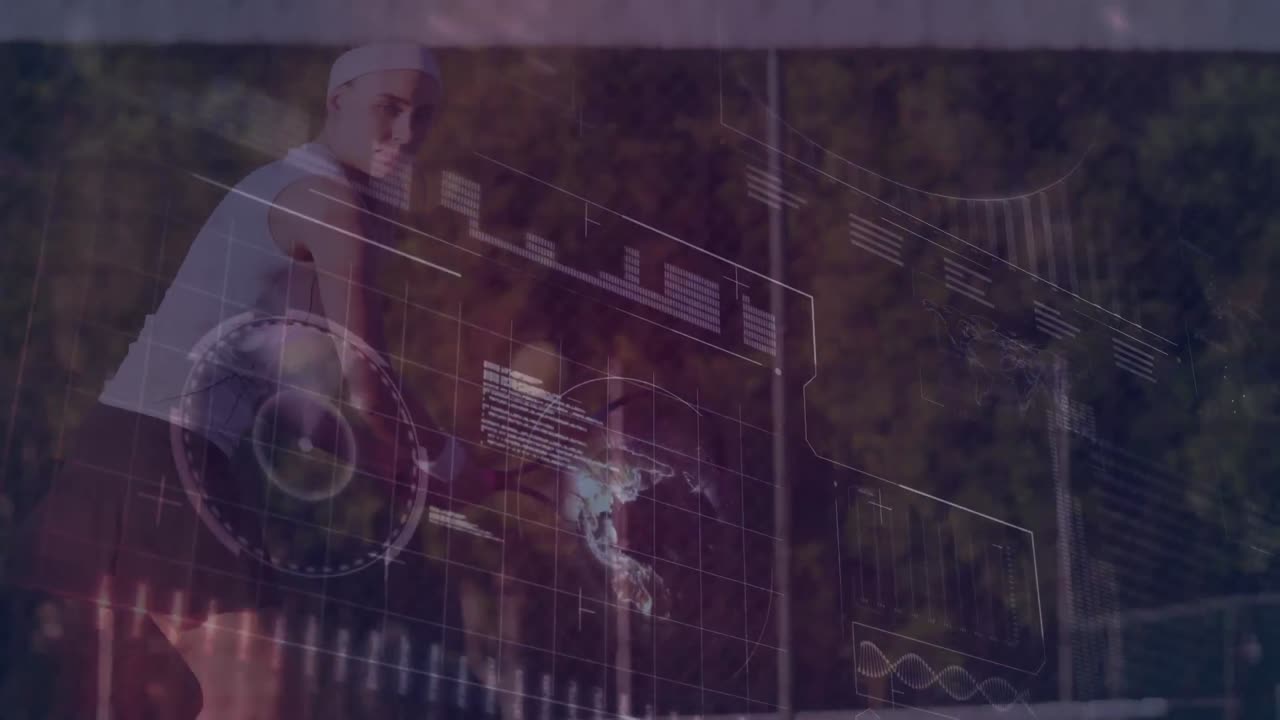 Animation of data processing over caucasian tennis player