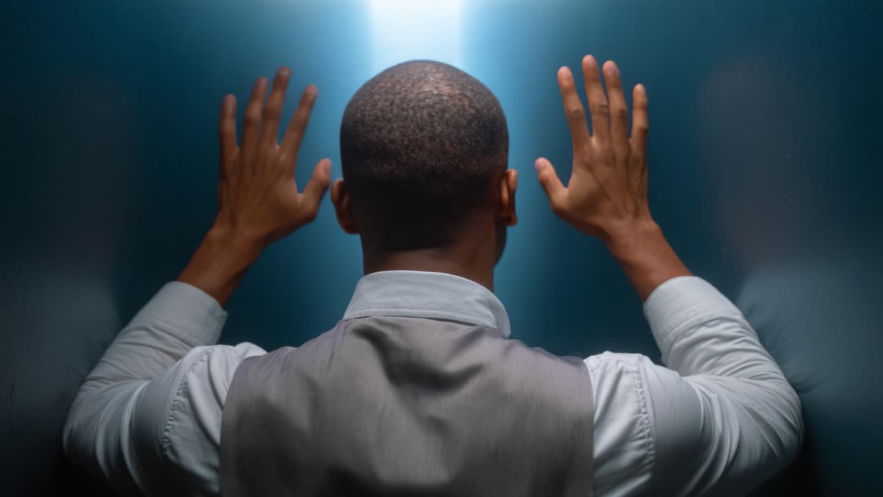A Contemplative Moment in an Elevator: Man Facing Light, Hands Against Wall, Capturing a Sense of Reflection and Solitude in a Modern Setting
