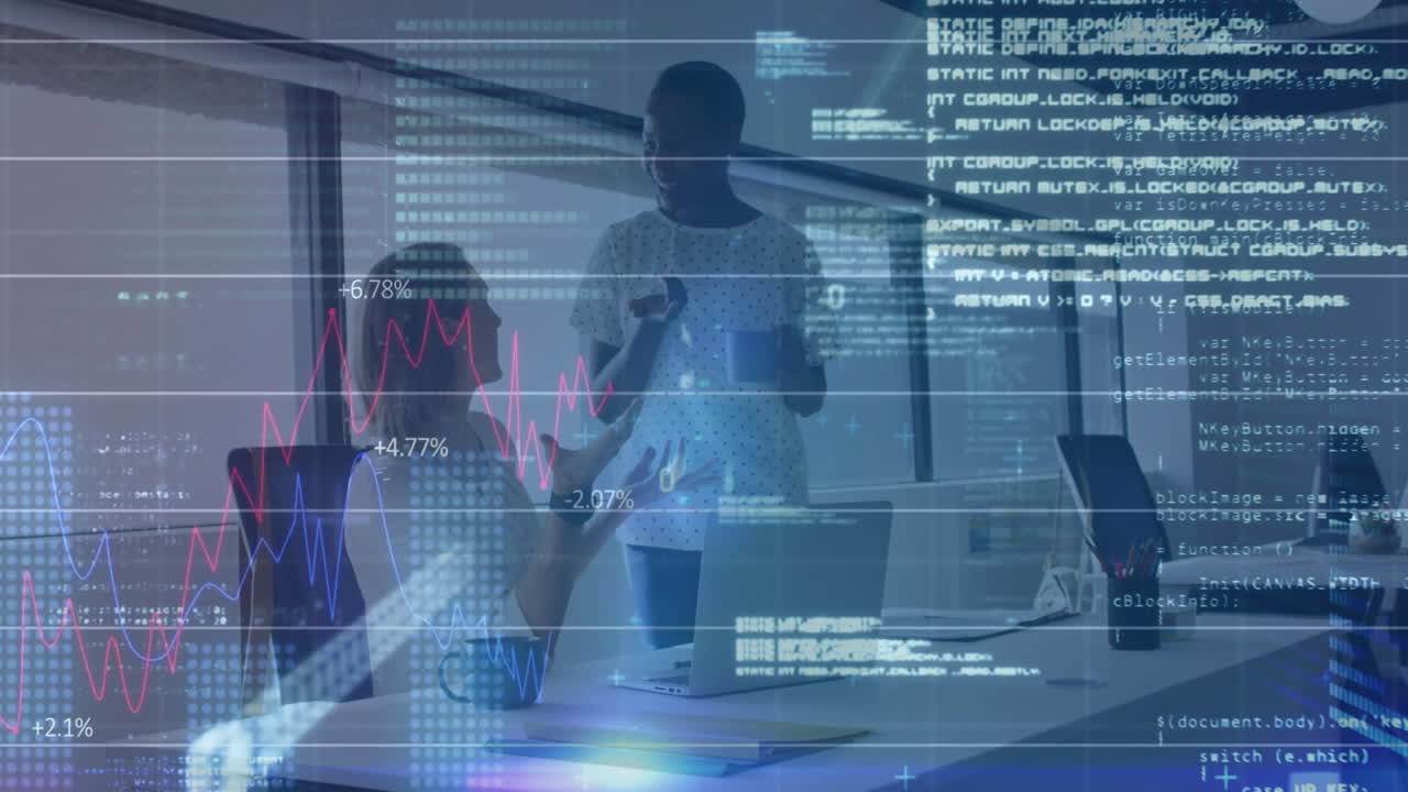 Animation of financial data processing over diverse colleagues discussing work in office