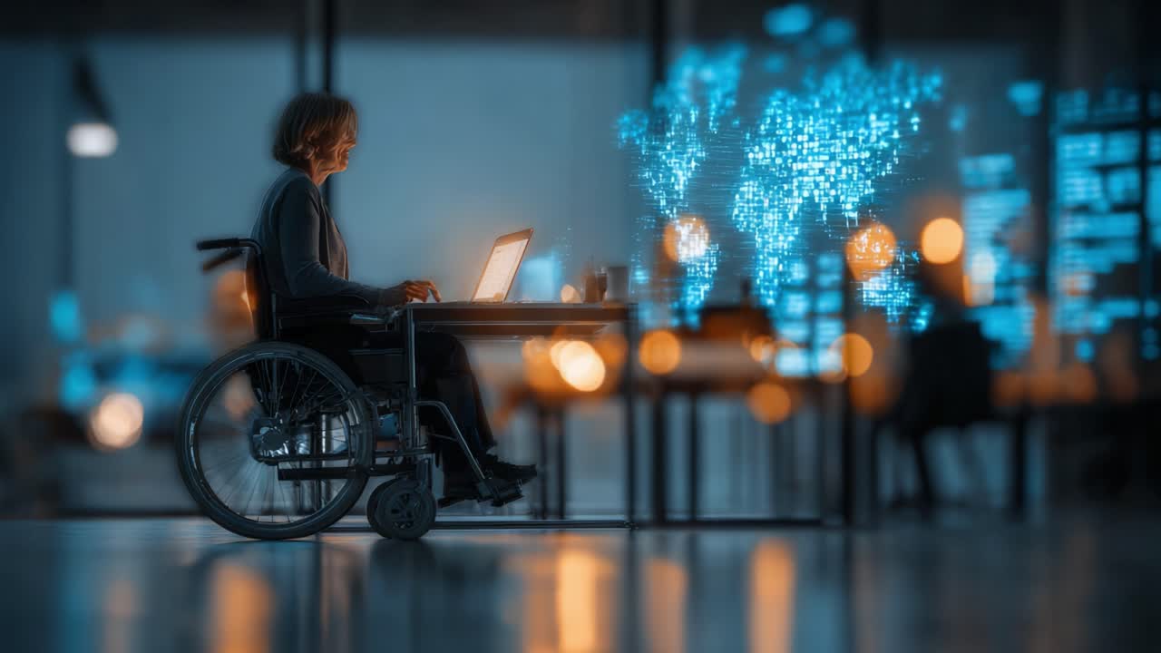 Empowered Individual in a Wheelchair Engaged with Technology, Illuminated by Digital Data Display and Soft Illuminations in a Modern Workspace Setting