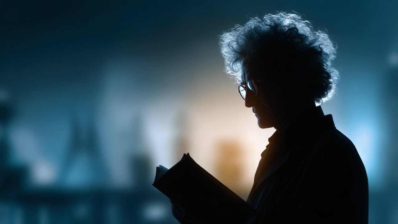 A Thoughtful Reader Engrossed in a Book: Exploring Knowledge and Imagination in a Mysterious, Dimly Lit Environment with Silhouette Effects
