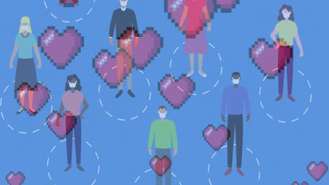 multiple red heart icons against people wearing face masks on blue background