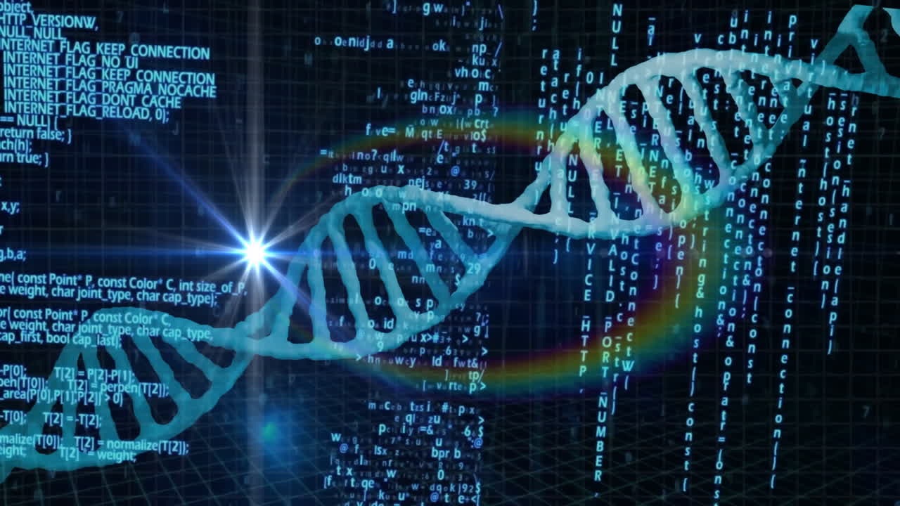 Processing scientific data, DNA strand with binary coding in animation style