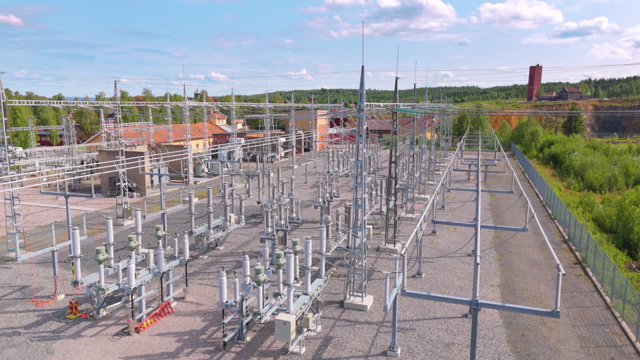 Electric substation with electrical infrastructure for power distribution, drone