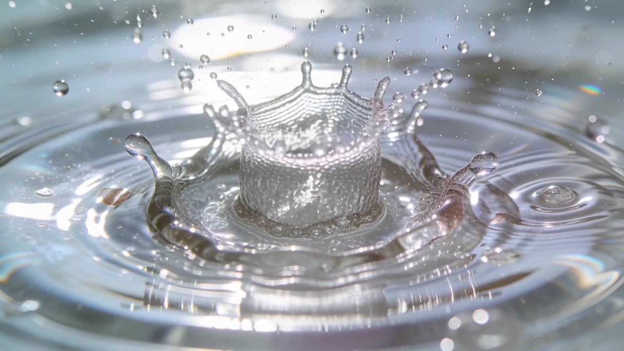 Gocciolina colorata che cade e si scontra con l'acqua in una vaschetta formando un getto a corona di piccole goccioline per la cattura in laboratorio