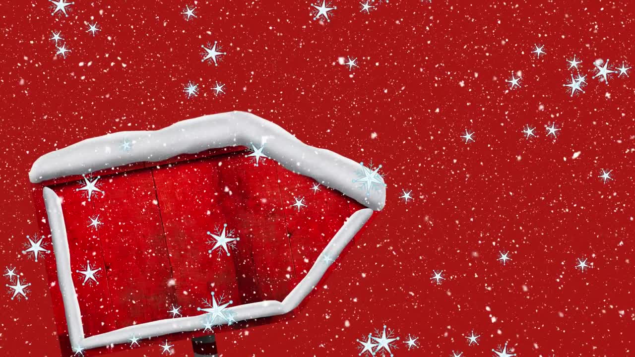 ⁇ 은 배경에 떨어지는 여러 별 아이콘에 대한 빨간 표지판에 눈이 내리고 있습니다.