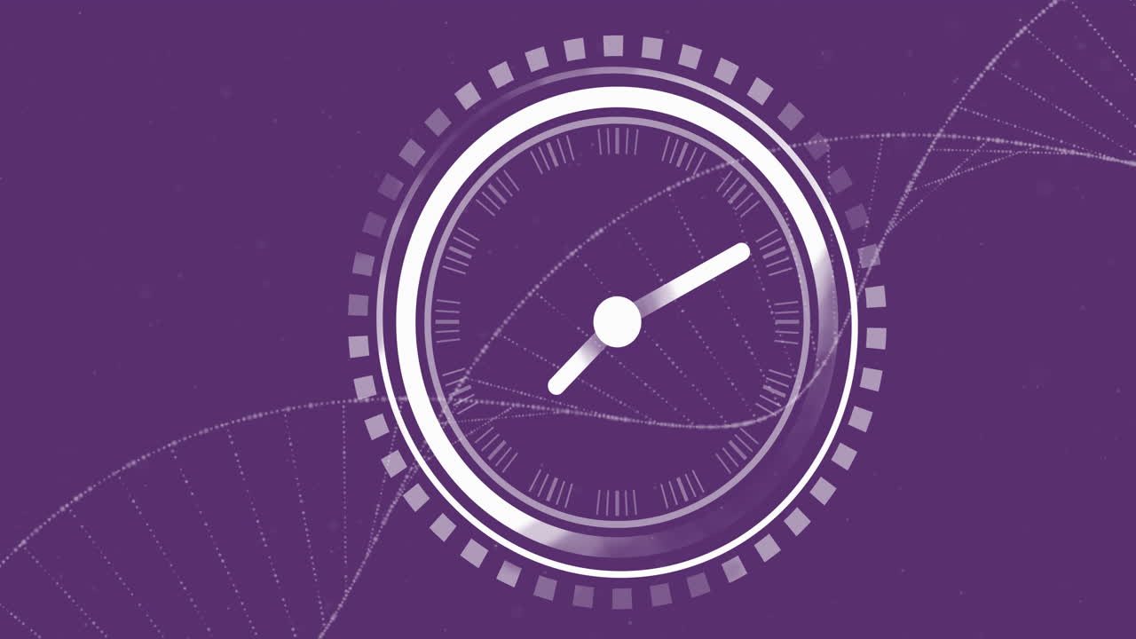 animación de un escáner circular con manillas de reloj sobre el adn en fondo púrpura