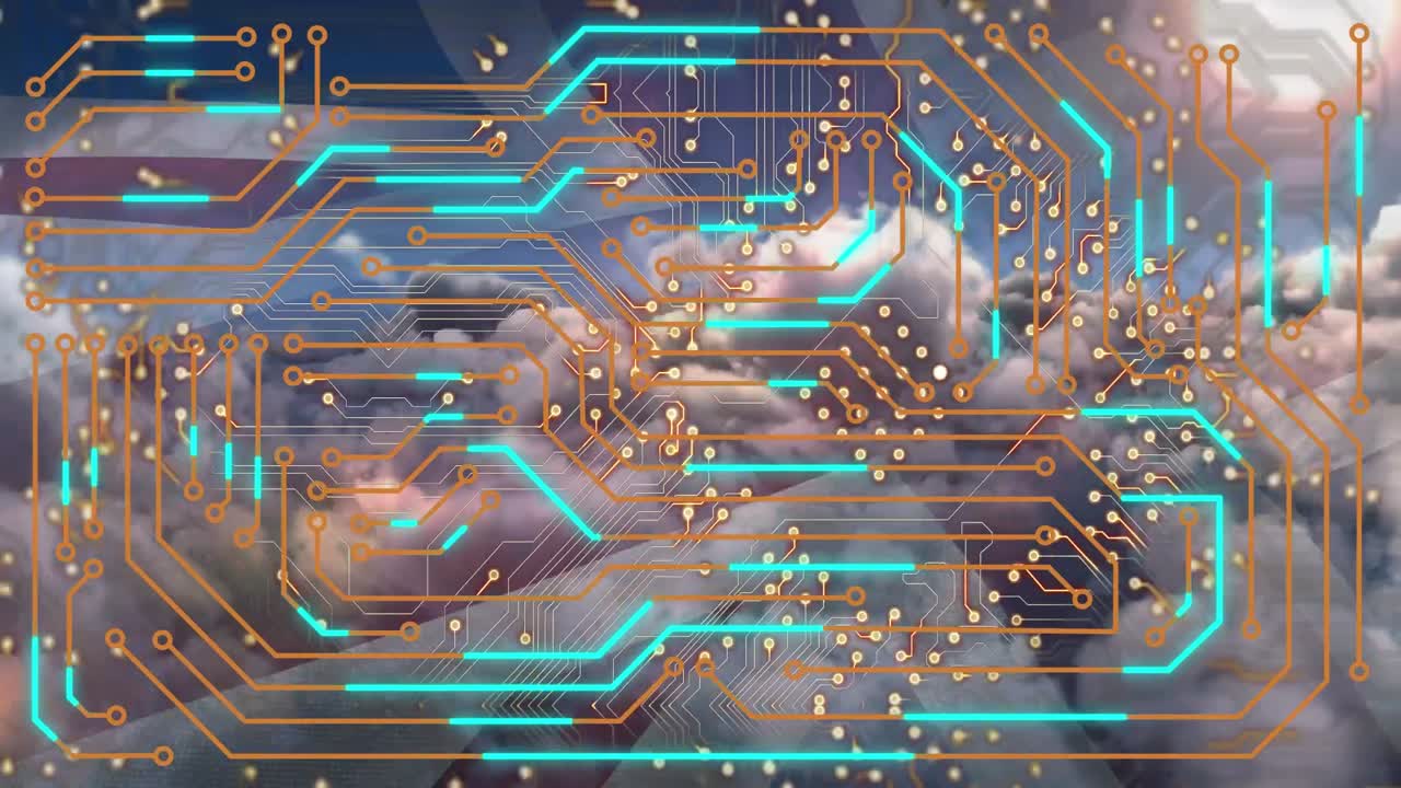 анимация интегральной схемы и флаг великобритании над облаками