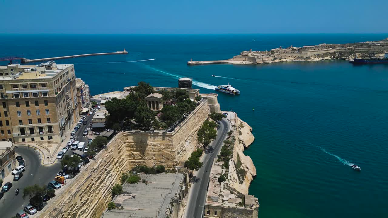 Aerial view of Valletta Gran Harbour and Lower Barrakka Gardens