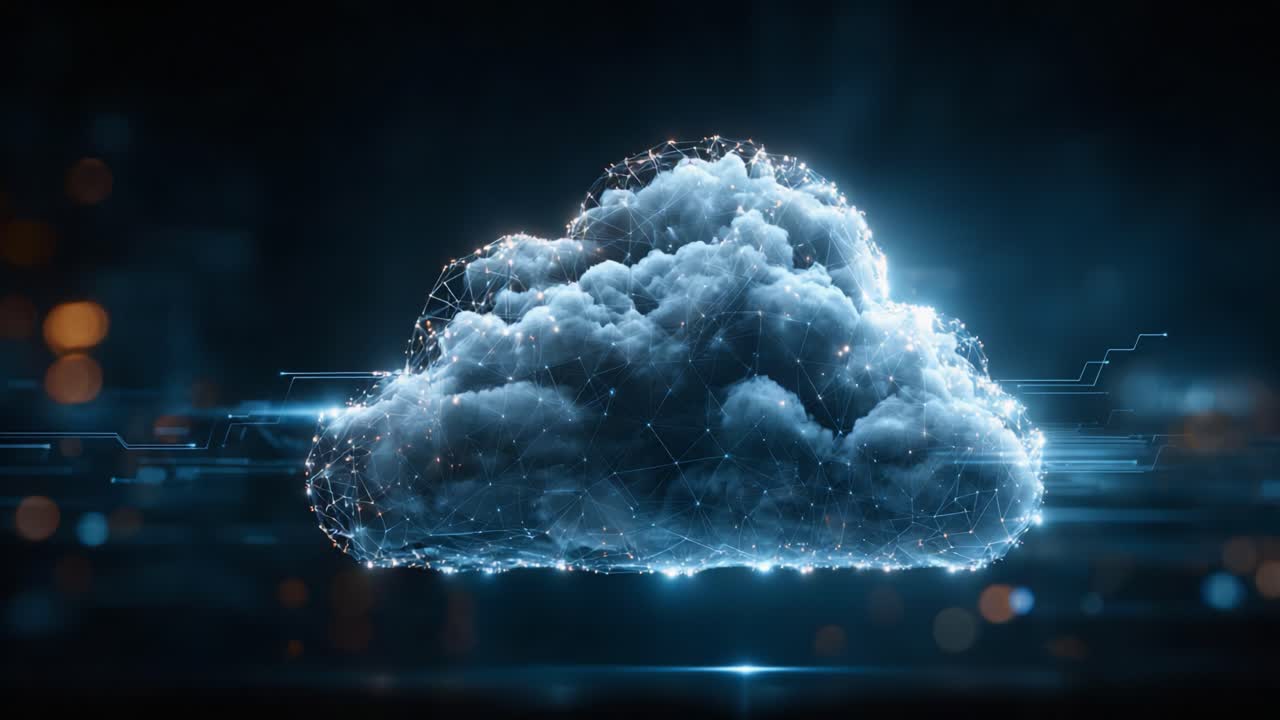 A Stunning Digital Representation of a Cloud Formed by Network Connections and Bright Lights, Symbolizing Modern Technology and Data Storage Innovation