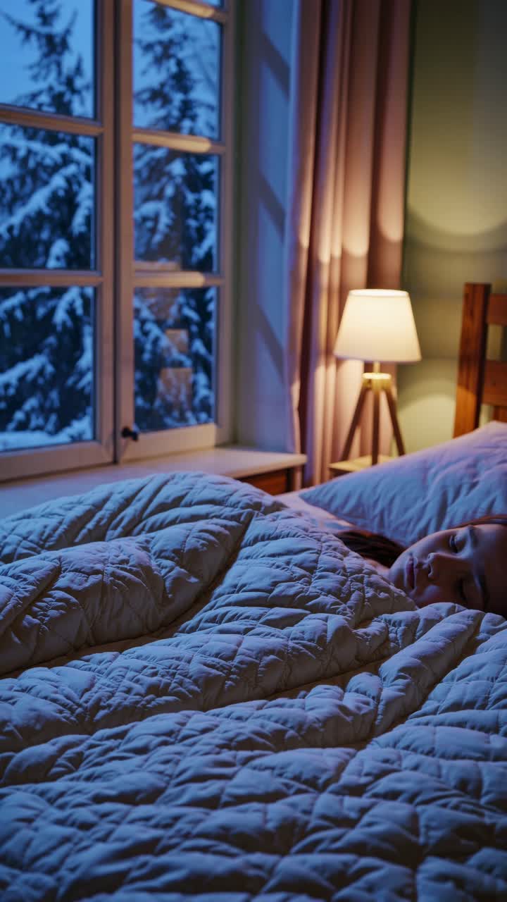 Cozy winter night scene with a person sleeping in bed, soft lighting from a lamp, and snowy window