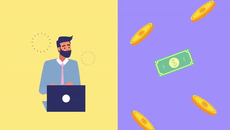 businessman with laptop and money dollars animation