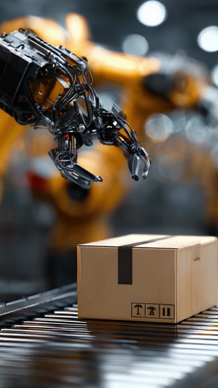 Robotica avanzata in azione: braccio automatizzato che movimenta pacchi in un moderno magazzino industriale con precisione ed efficienza