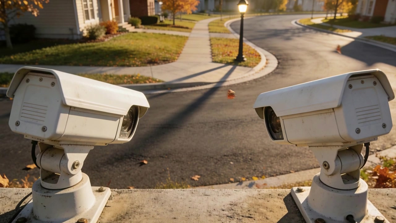 Due telecamere di sicurezza bianche che monitorano una strada suburbana, con cavo visibile e brezza che muove le foglie.