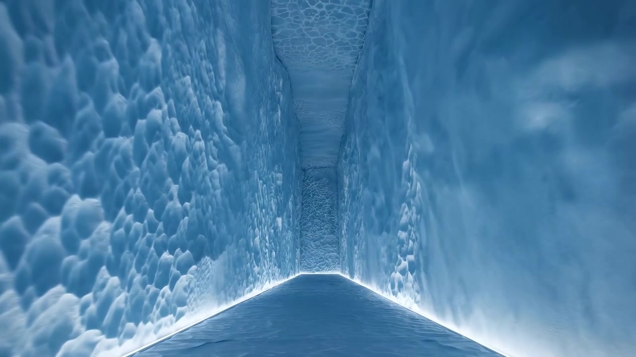 Pareti e soffitto ghiacciati e texturizzati formano uno stretto corridoio blu, visti dal centro e che si estendono in un passaggio freddo e illuminato con una luce intensa lungo il percorso.