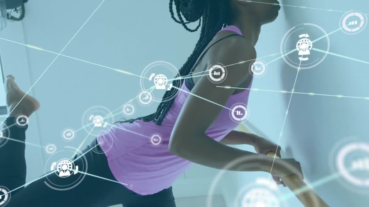 animación de perfil conectado y iconos de gráficos sobre mujer afroamericana practicando estiramiento.