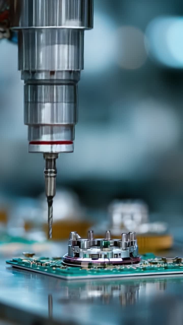 High-Precision Manufacturing: Advanced Robotic Arm Mechanism Engaged in Circuit Board Assembly and Drilling for Electronic Components