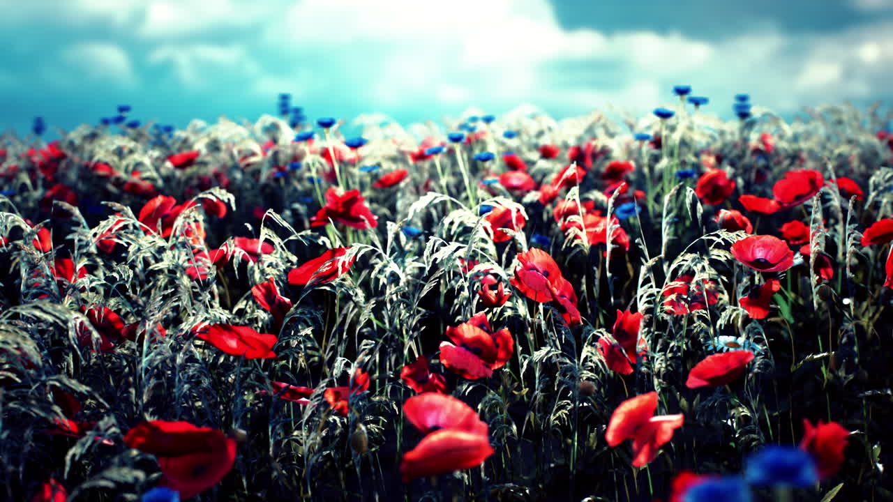 Colorful wildflower meadow blooming in early summer under cloudy skies