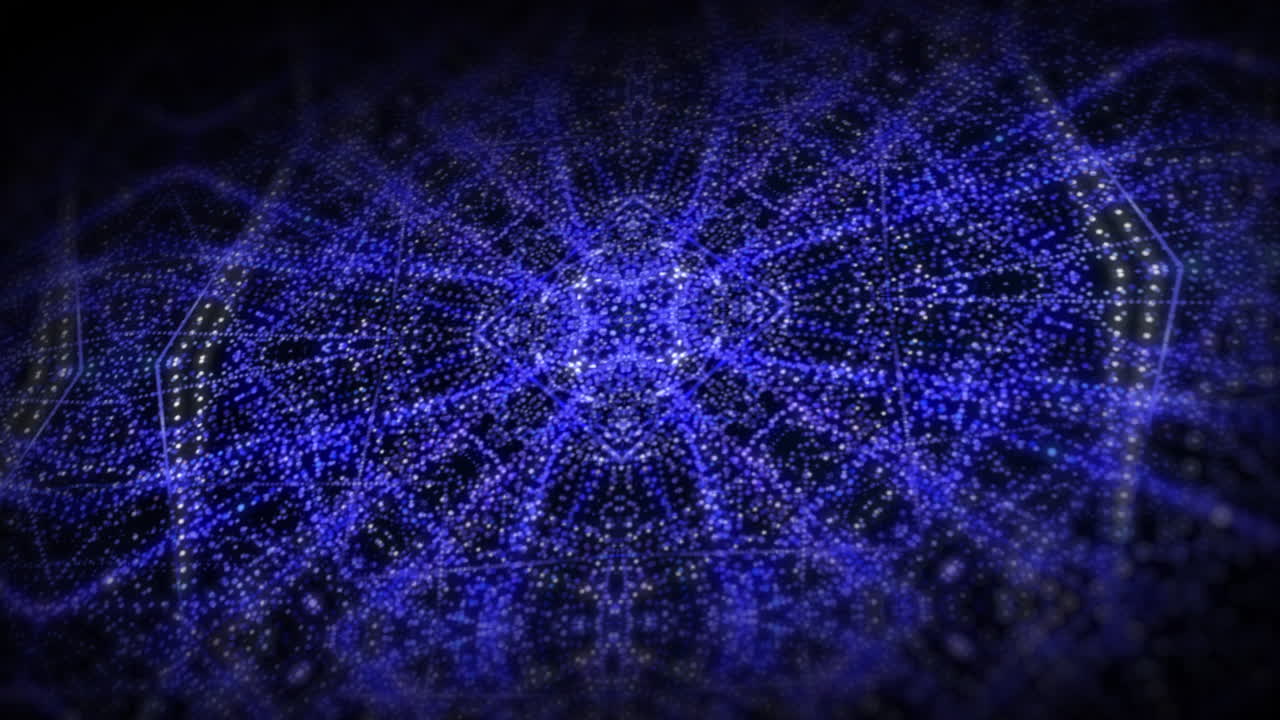 Abstract blue kaleidoscope pattern of small dots. Dynamic change of geometric shapes. Looped club animation.