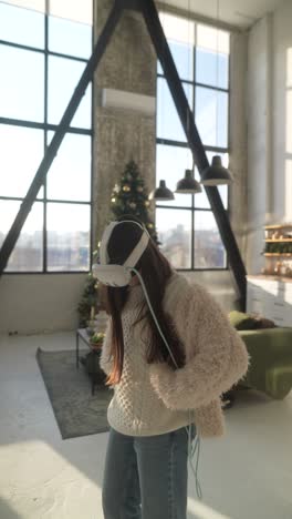 woman using vr headset in a cozy christmas decorated home.