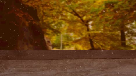 Digital-animation-of-white-mist-falling-over-wooden-surface-against-forest-in-background